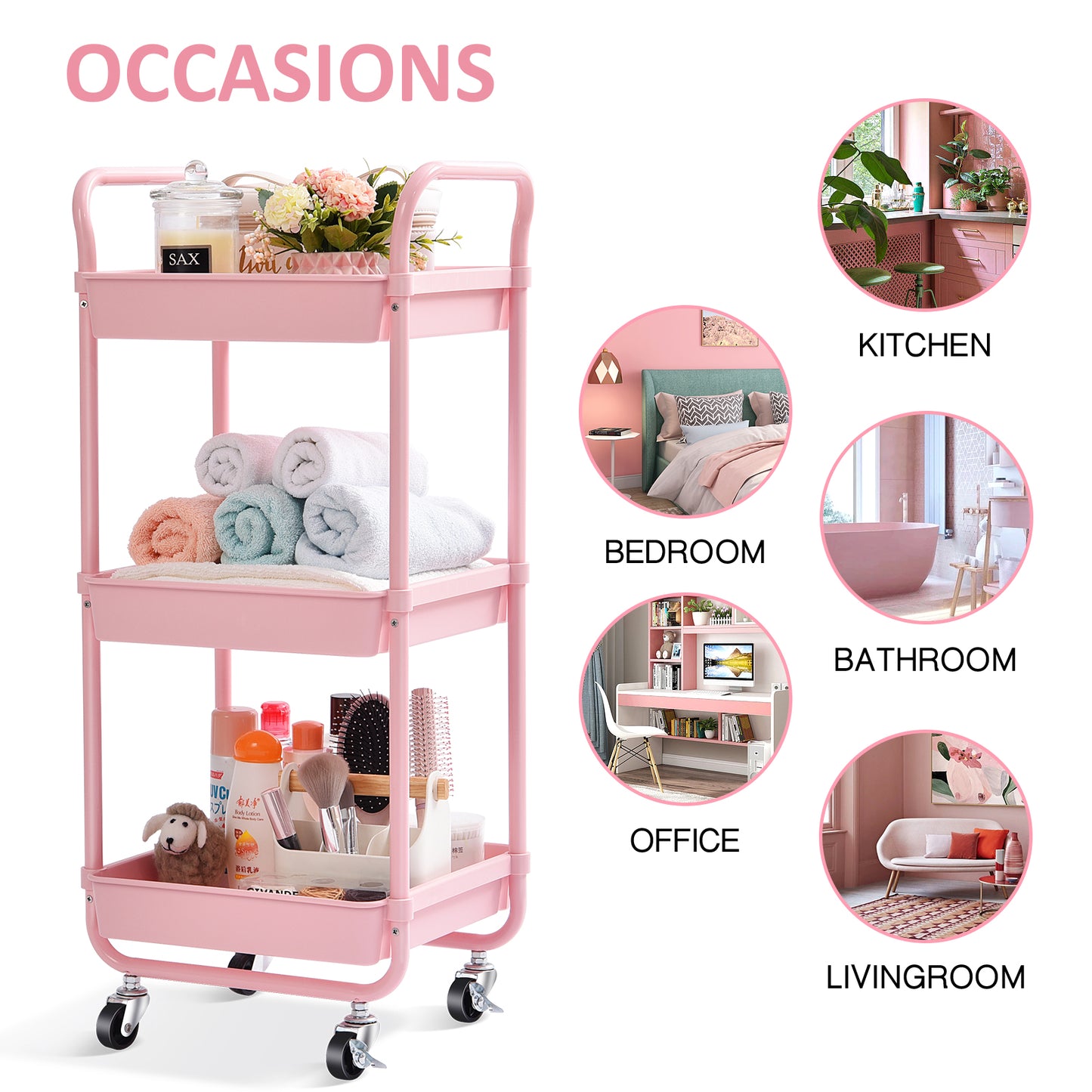 KINGRACK Kitchen Rolling Cart, 3-Tier Storage Utility Cart with Wheels, Plastic Organiser Cart Rolling Trolley Shelving Unit, Storage Rack, Fruit Vegetable Rack Pink,WK131143-P