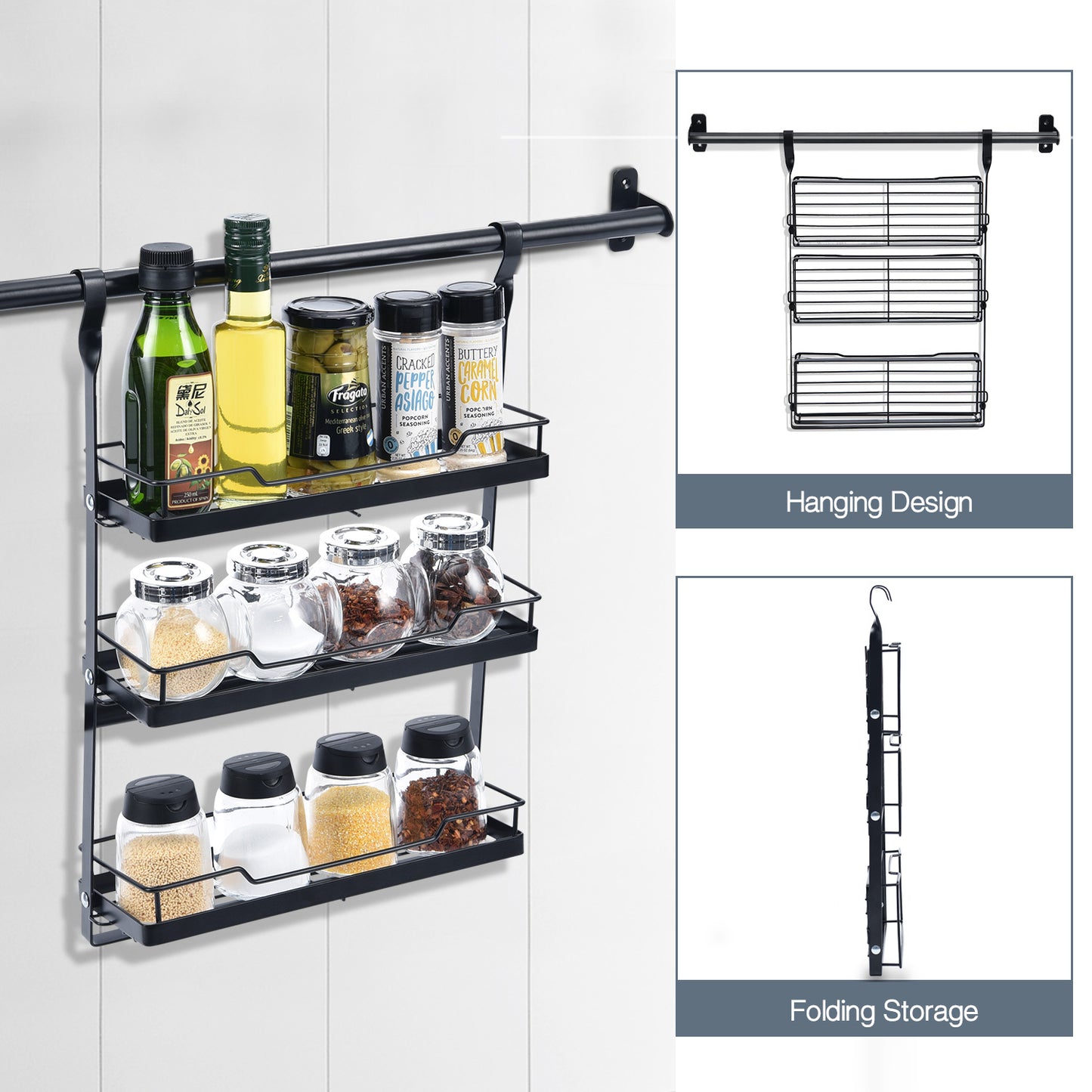Utensil Rack Set of 5, with 2 Rail Rack, Folding Dish Rack, 2-Tier Spice Rack, Utensil Holder, 10 S-Hooks, Black