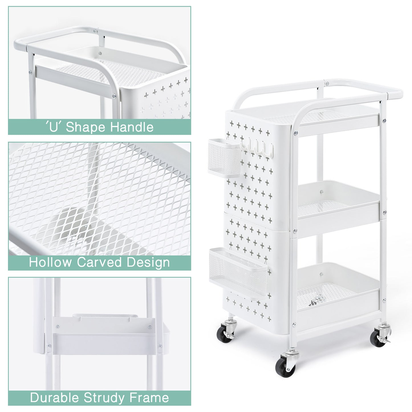3-Tier Metal Utility Cart with Removable Pegboard, Extra Baskets Hooks-WK130902 (WHITE/GREY, 2-COLORS AVAILABLE)
