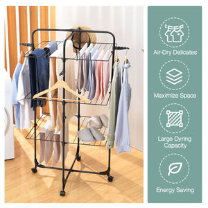 KINGRACK Clothes Drying Rack, 3-Tier Collapsible Laundry Rack Stand Garment Drying Station with Wheels and 4 Hooks, Indoor-Outdoor Use, for for Bed Linen, Clothing, Socks, Scarves, Black,116201H-B