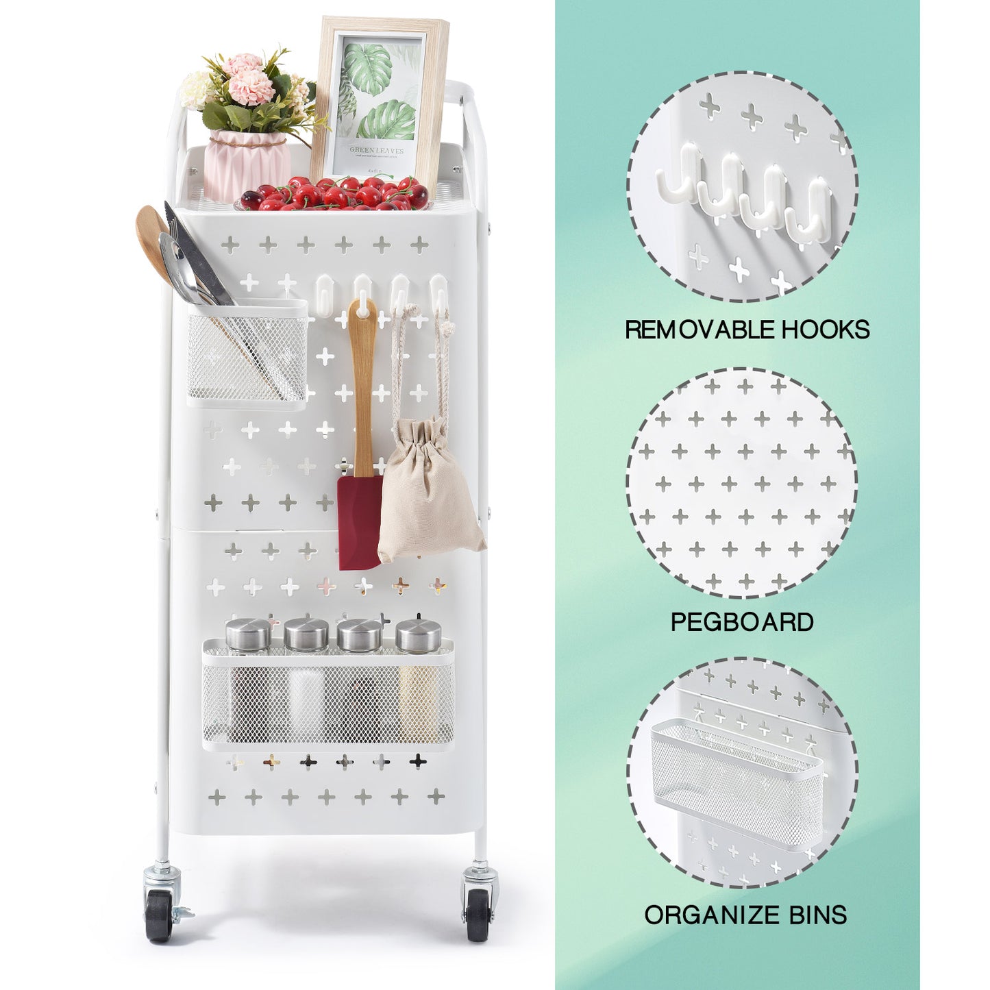 3-Tier Metal Utility Cart with Removable Pegboard, Extra Baskets Hooks-WK130902 (WHITE/GREY, 2-COLORS AVAILABLE)