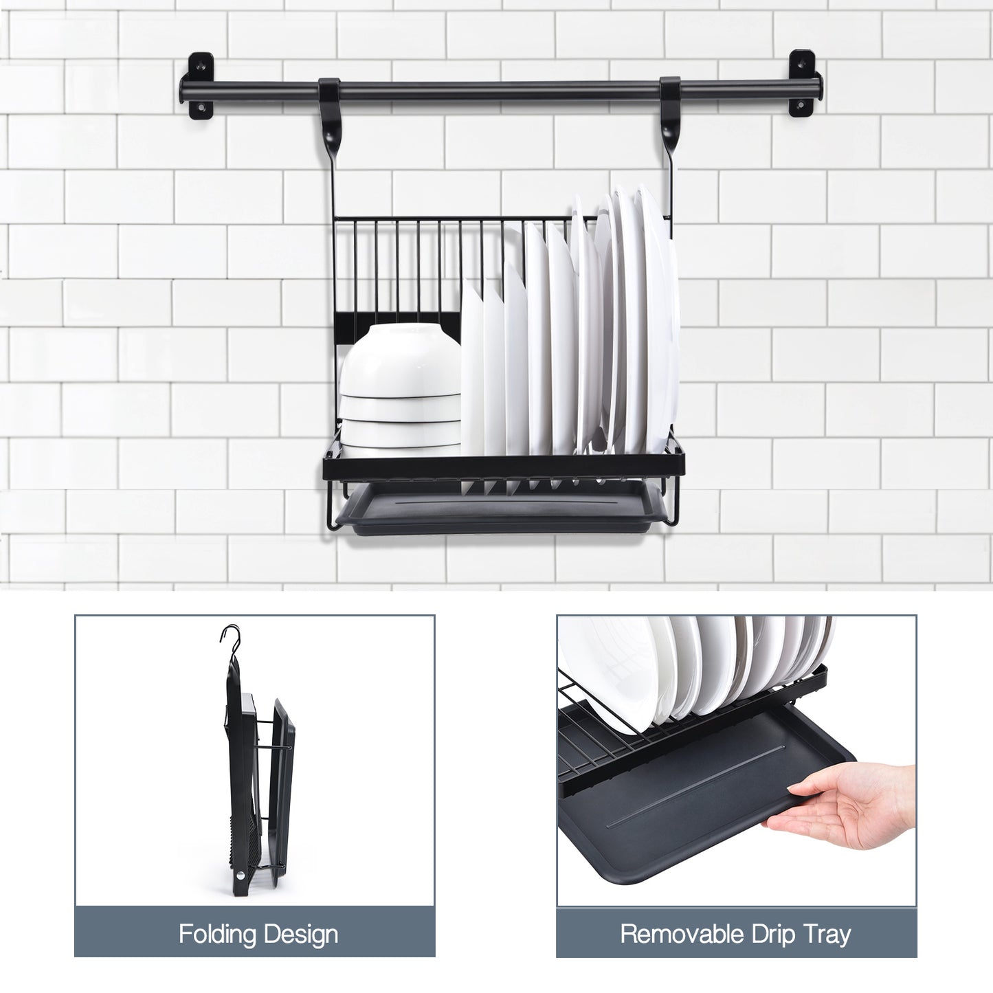 Utensil Rack Set of 5, with 2 Rail Rack, Folding Dish Rack, 2-Tier Spice Rack, Utensil Holder, 10 S-Hooks, Black