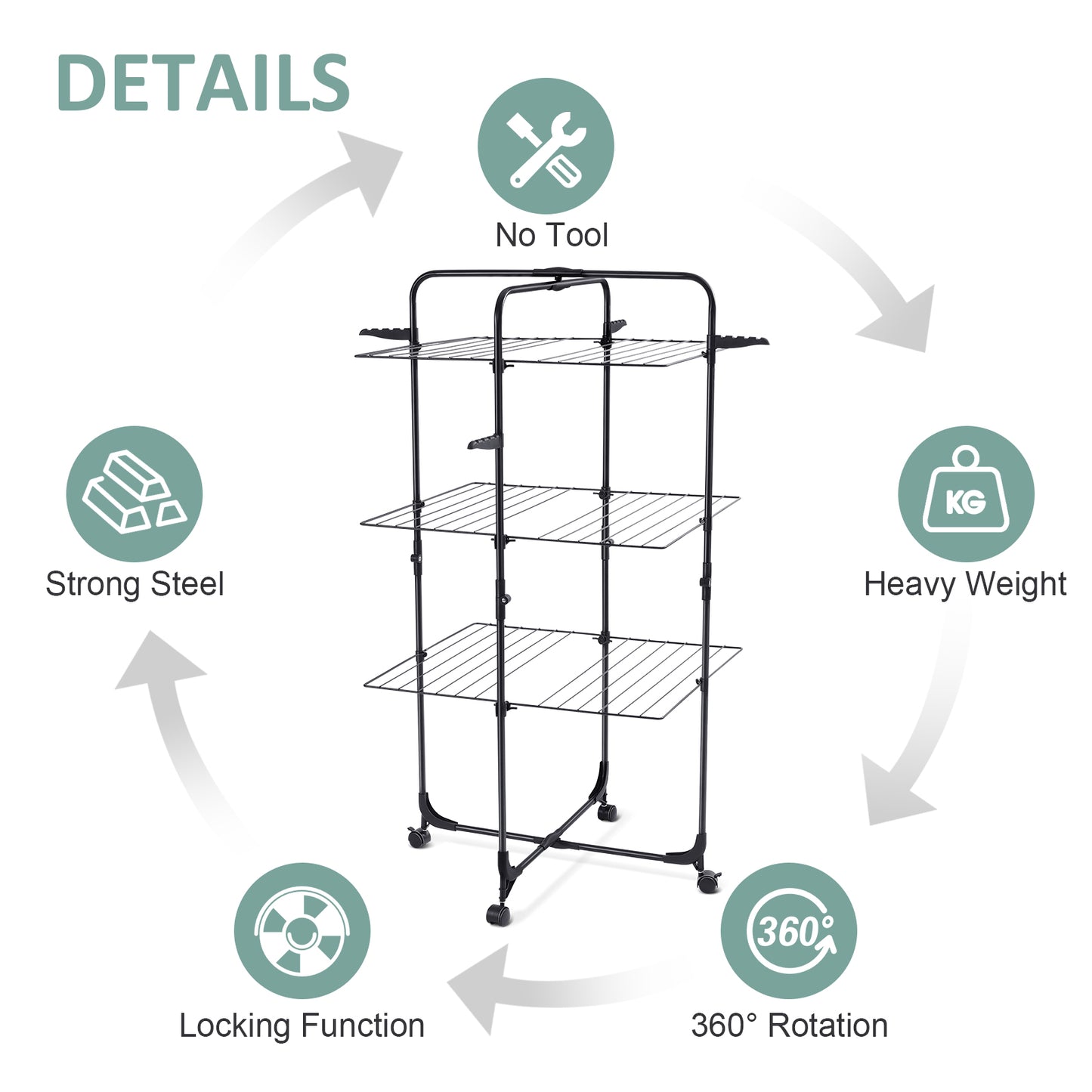 KINGRACK Clothes Drying Rack, 3-Tier Collapsible Laundry Rack Stand Garment Drying Station with Wheels and 4 Hooks, Indoor-Outdoor Use, for for Bed Linen, Clothing, Socks, Scarves, Black,116201H-B