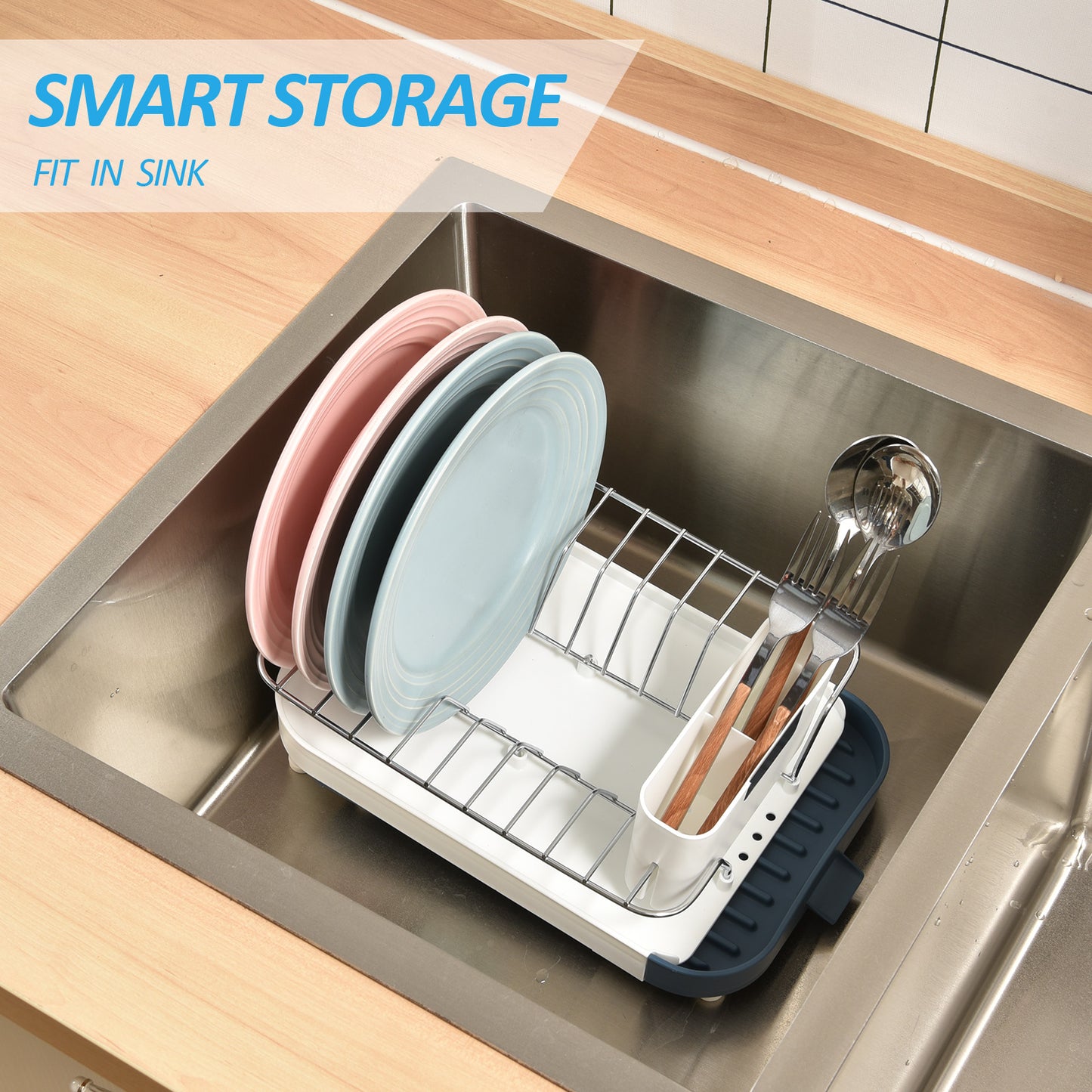 KINGRACK Small Expandable Dish Rack, Compact Dish Drying Rack with Stainless Plate Rack, Rustproof Dish Drainer with Removable Utensil Holder in Sink Or On Counter for Kitchen, Small Space, RV,WK810608