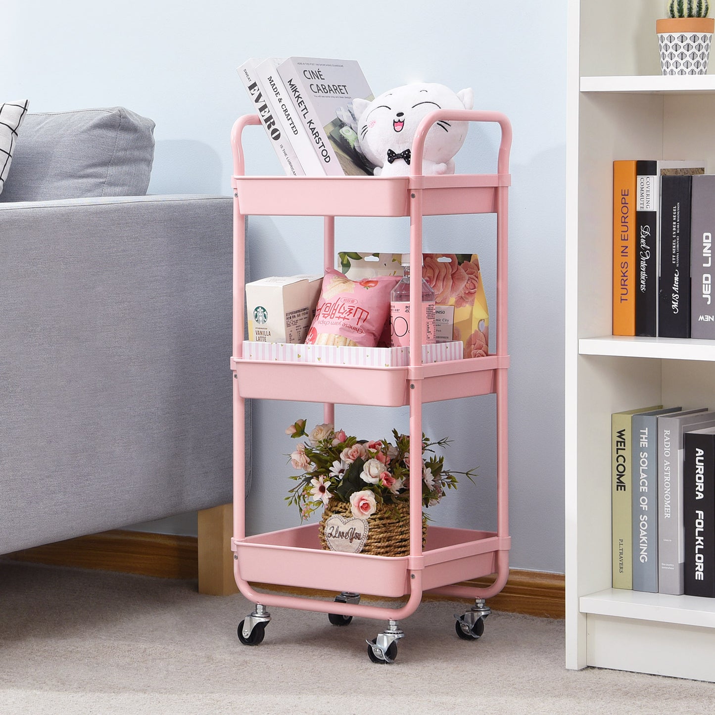 KINGRACK Kitchen Rolling Cart, 3-Tier Storage Utility Cart with Wheels, Plastic Organiser Cart Rolling Trolley Shelving Unit, Storage Rack, Fruit Vegetable Rack Pink,WK131143-P
