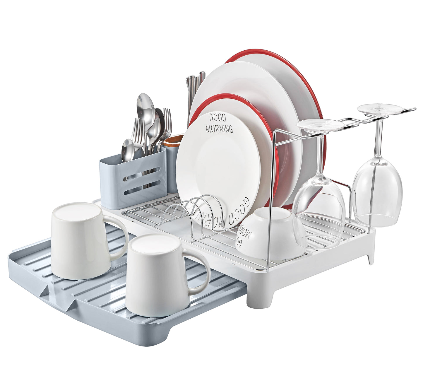 Stainless Steel Rust Free 2-Tier Dish Drying Rack with Drain Board, Wine Glass Holder, WK112051