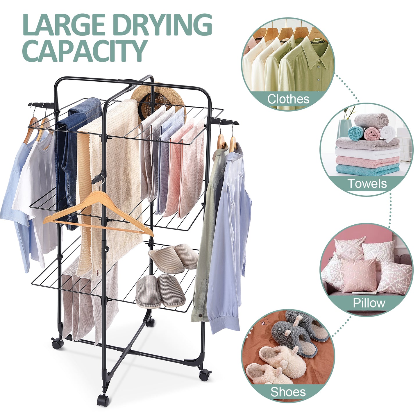 KINGRACK Clothes Drying Rack, 3-Tier Collapsible Laundry Rack Stand Garment Drying Station with Wheels and 4 Hooks, Indoor-Outdoor Use, for for Bed Linen, Clothing, Socks, Scarves, Black,116201H-B