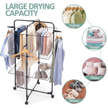 KINGRACK Clothes Drying Rack, 3-Tier Collapsible Laundry Rack Stand Garment Drying Station with Wheels and 4 Hooks, Indoor-Outdoor Use, for for Bed Linen, Clothing, Socks, Scarves, Black,116201H-B