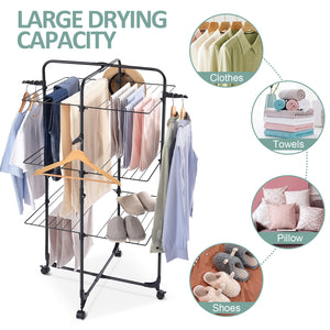 KINGRACK Clothes Drying Rack, 3-Tier Folding Indoor Laundry Drying Rack with Wheels 4 Hooks, Metal, White, Size: 26.18 x 1.38 x 28.15