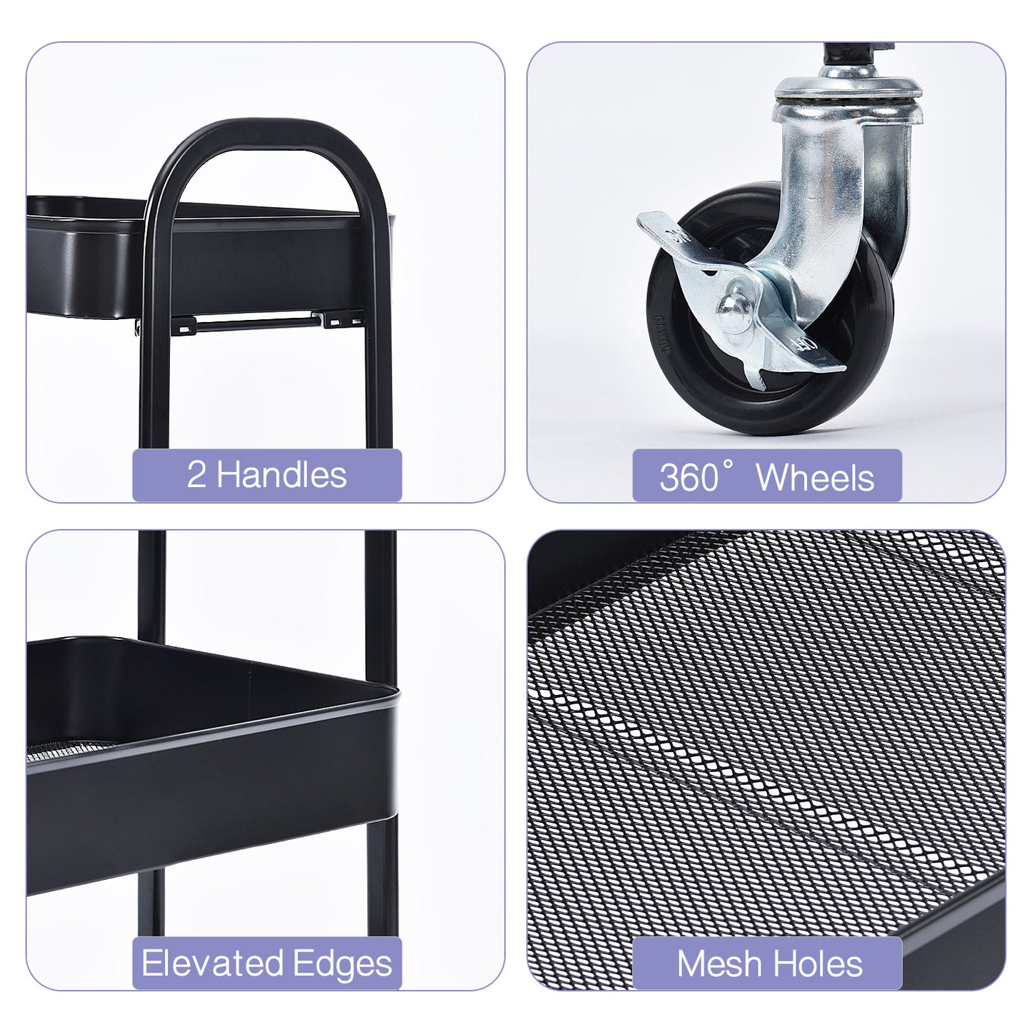 3 Tier Rolling Cart, No Screw Metal Utility Cart, Easy Assemble-WK130917 (WHITE/PINK/GREY/BLACK, 4-COLORS AVAILABLE))