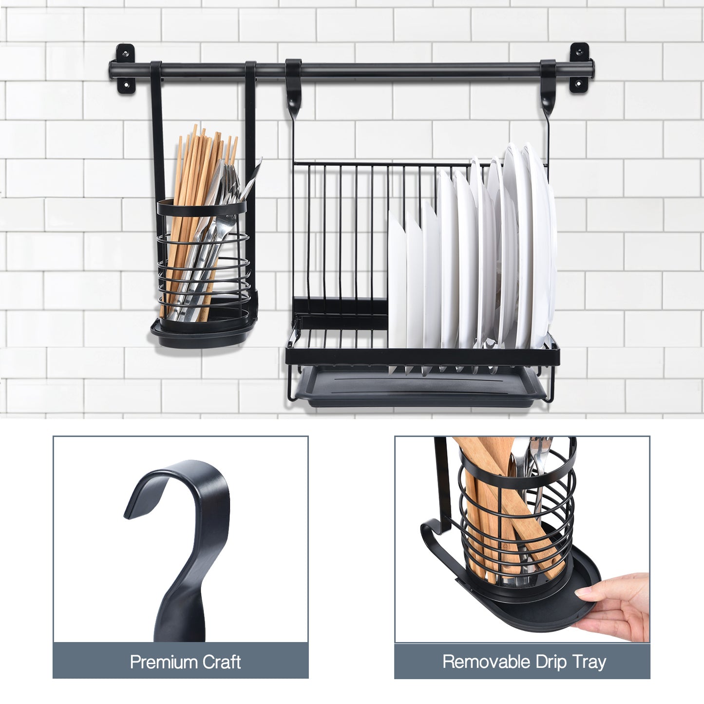 Utensil Rack Set of 5, with 2 Rail Rack, Folding Dish Rack, 2-Tier Spice Rack, Utensil Holder, 10 S-Hooks, Black