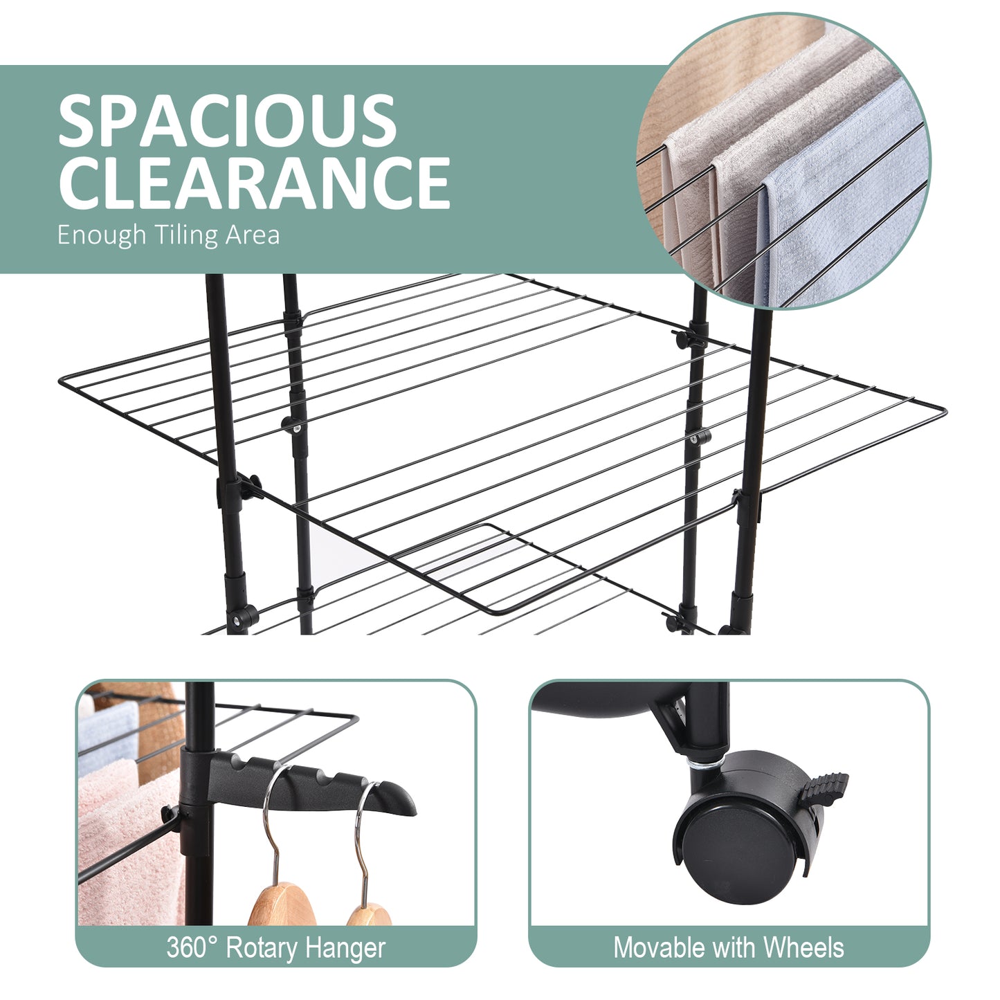 KINGRACK Clothes Drying Rack, 3-Tier Collapsible Laundry Rack Stand Garment Drying Station with Wheels and 4 Hooks, Indoor-Outdoor Use, for for Bed Linen, Clothing, Socks, Scarves, Black,116201H-B
