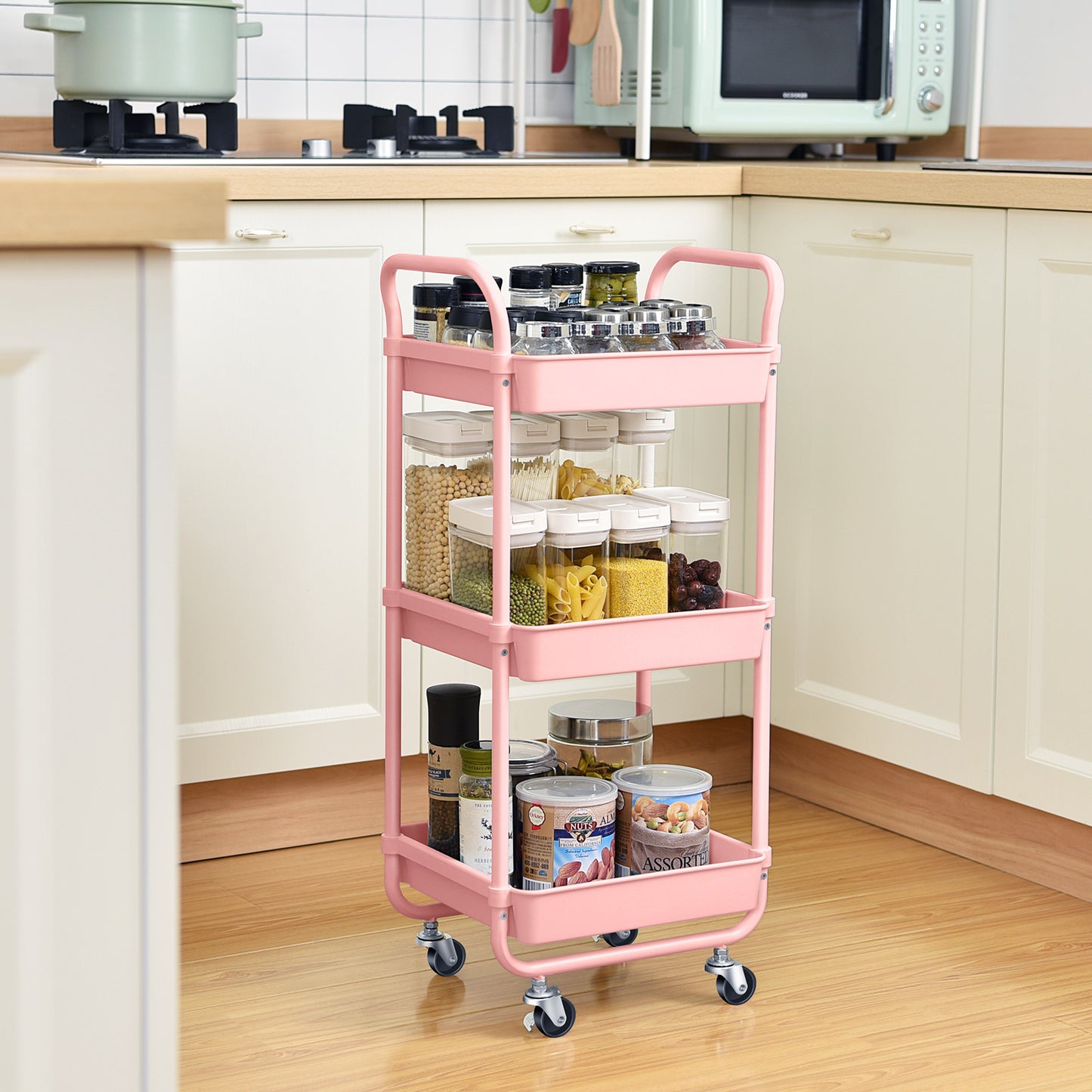 KINGRACK Kitchen Rolling Cart, 3-Tier Storage Utility Cart with Wheels, Plastic Organiser Cart Rolling Trolley Shelving Unit, Storage Rack, Fruit Vegetable Rack Pink,WK131143-P