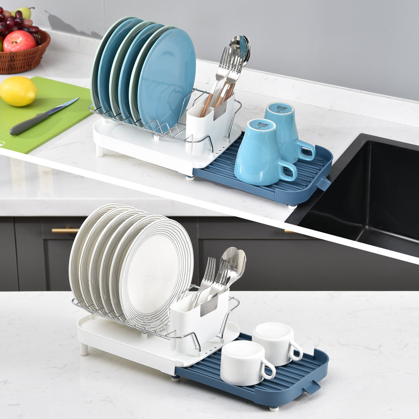 KINGRACK Small Expandable Dish Rack, Compact Dish Drying Rack with Stainless Plate Rack, Rustproof Dish Drainer with Removable Utensil Holder in Sink Or On Counter for Kitchen, Small Space, RV,WK810608
