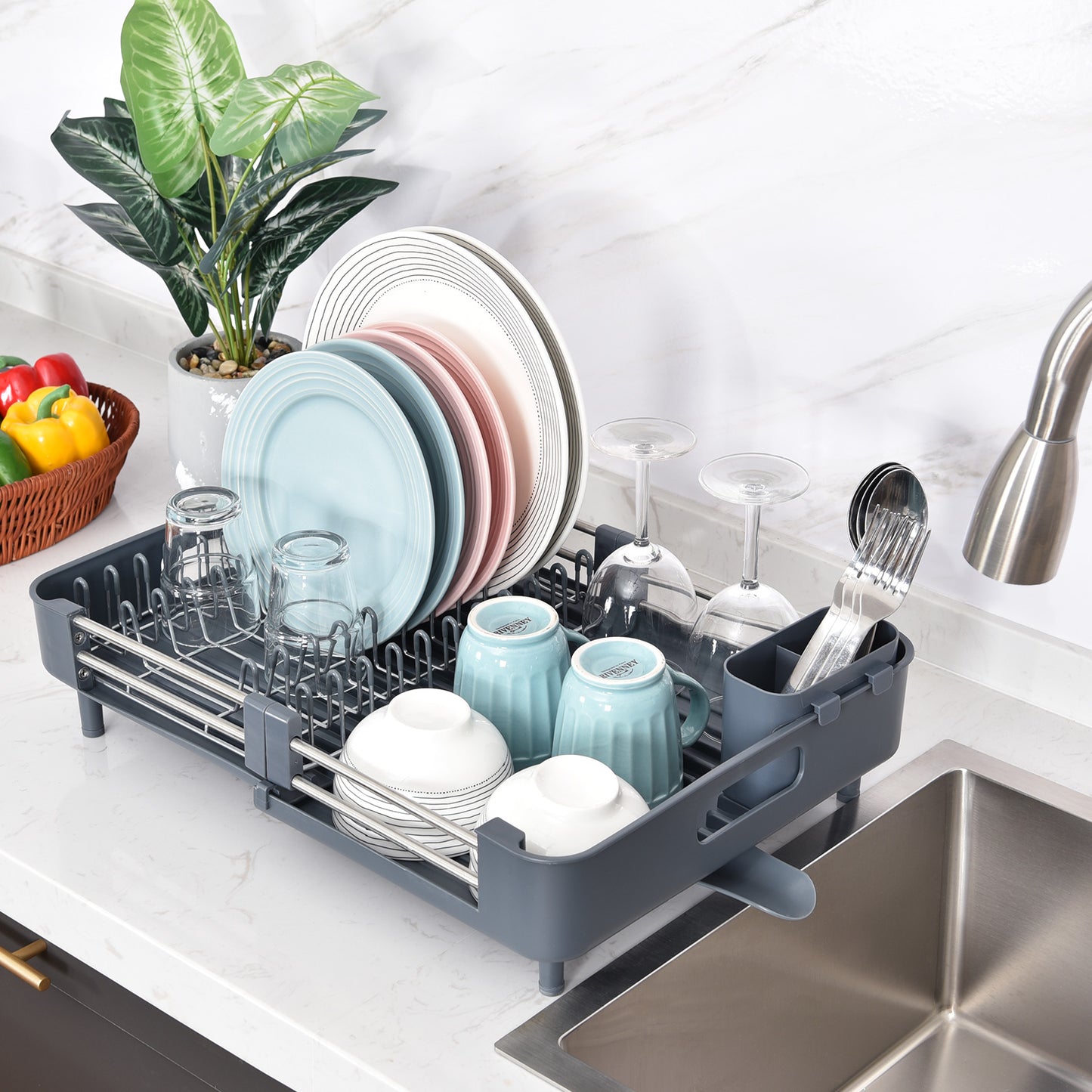 Kingrack Extendable Dish Rack, Dual Part Dish Drainers with Non-Scratch and Movable Cutlery Drainer and Drainage Spout, WK810172-6