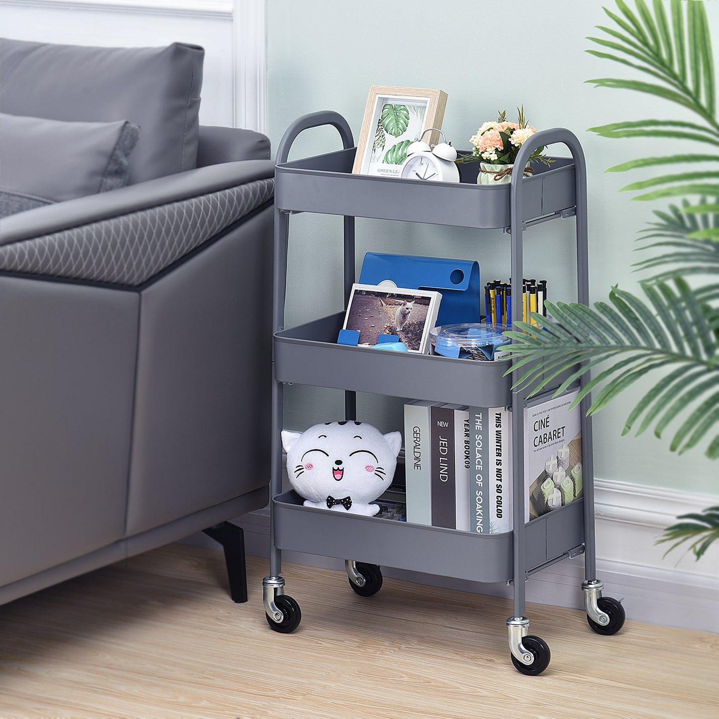 3 Tier Rolling Cart, No Screw Metal Utility Cart, Easy Assemble-WK130917 (WHITE/PINK/GREY/BLACK, 4-COLORS AVAILABLE))