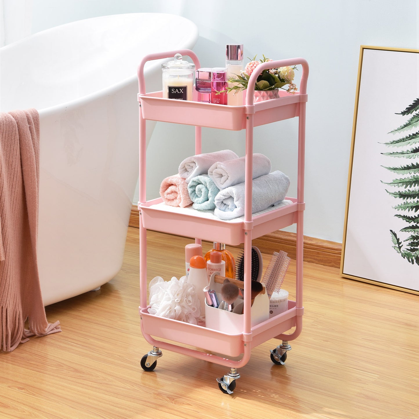 KINGRACK Kitchen Rolling Cart, 3-Tier Storage Utility Cart with Wheels, Plastic Organiser Cart Rolling Trolley Shelving Unit, Storage Rack, Fruit Vegetable Rack Pink,WK131143-P
