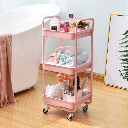 KINGRACK Kitchen Rolling Cart, 3-Tier Storage Utility Cart with Wheels, Plastic Organiser Cart Rolling Trolley Shelving Unit, Storage Rack, Fruit Vegetable Rack Pink,WK131143-P