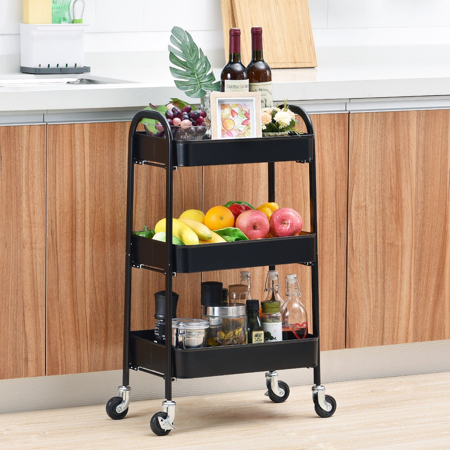 3 Tier Rolling Cart, No Screw Metal Utility Cart, Easy Assemble-WK130917 (WHITE/PINK/GREY/BLACK, 4-COLORS AVAILABLE))