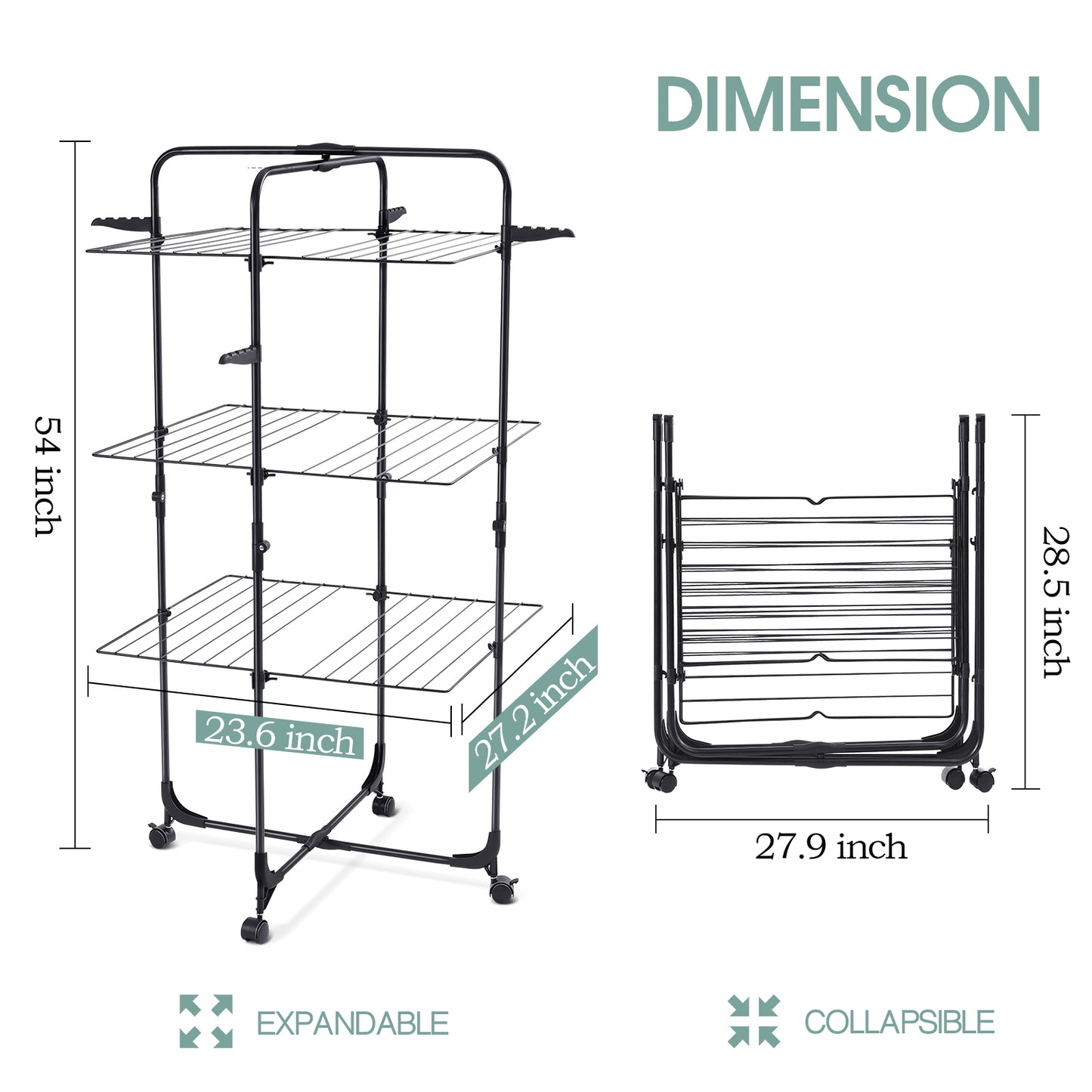 KINGRACK Clothes Drying Rack, 3-Tier Collapsible Laundry Rack Stand Garment Drying Station with Wheels and 4 Hooks, Indoor-Outdoor Use, for for Bed Linen, Clothing, Socks, Scarves, Black,116201H-B