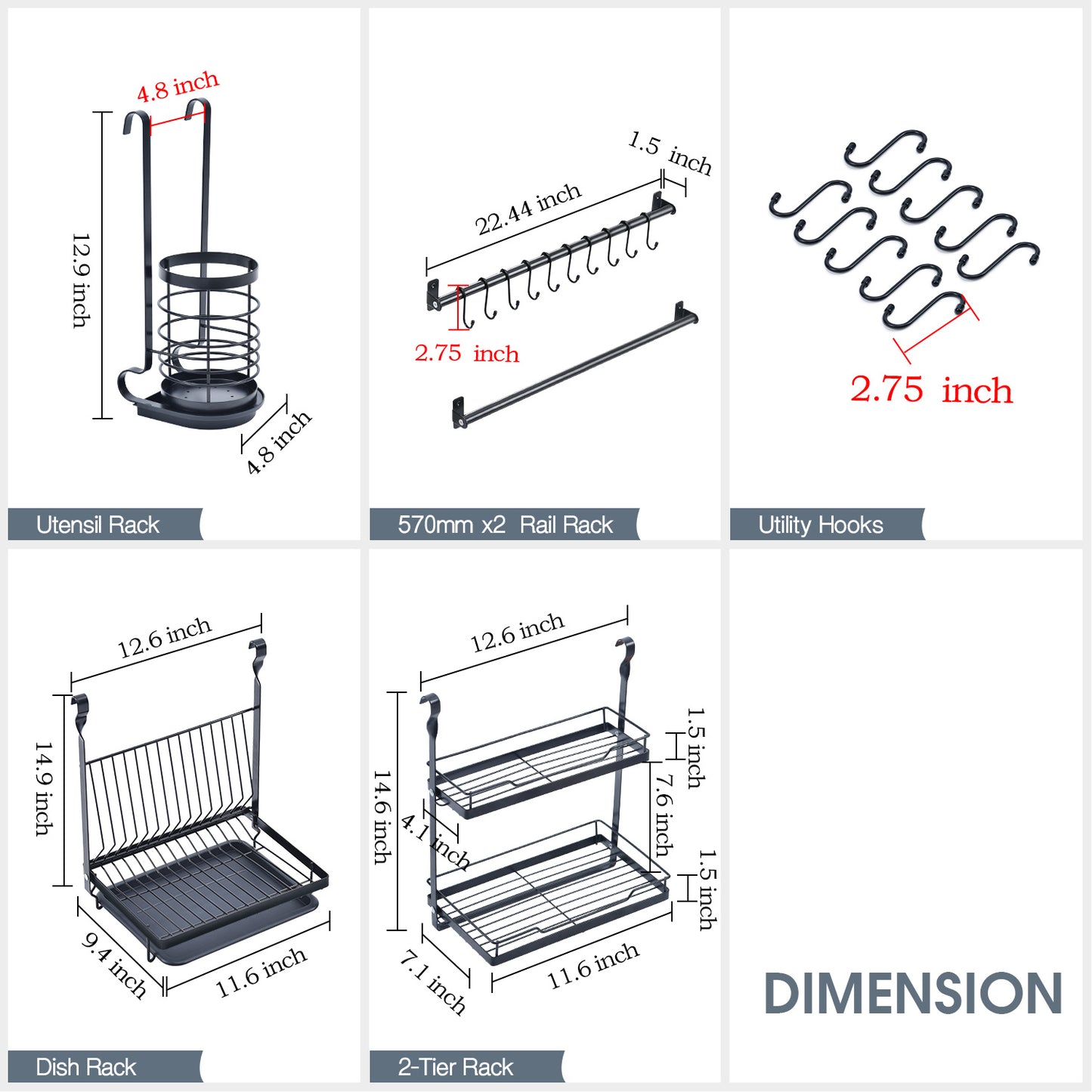 Utensil Rack Set of 5, with 2 Rail Rack, Folding Dish Rack, 2-Tier Spice Rack, Utensil Holder, 10 S-Hooks, Black