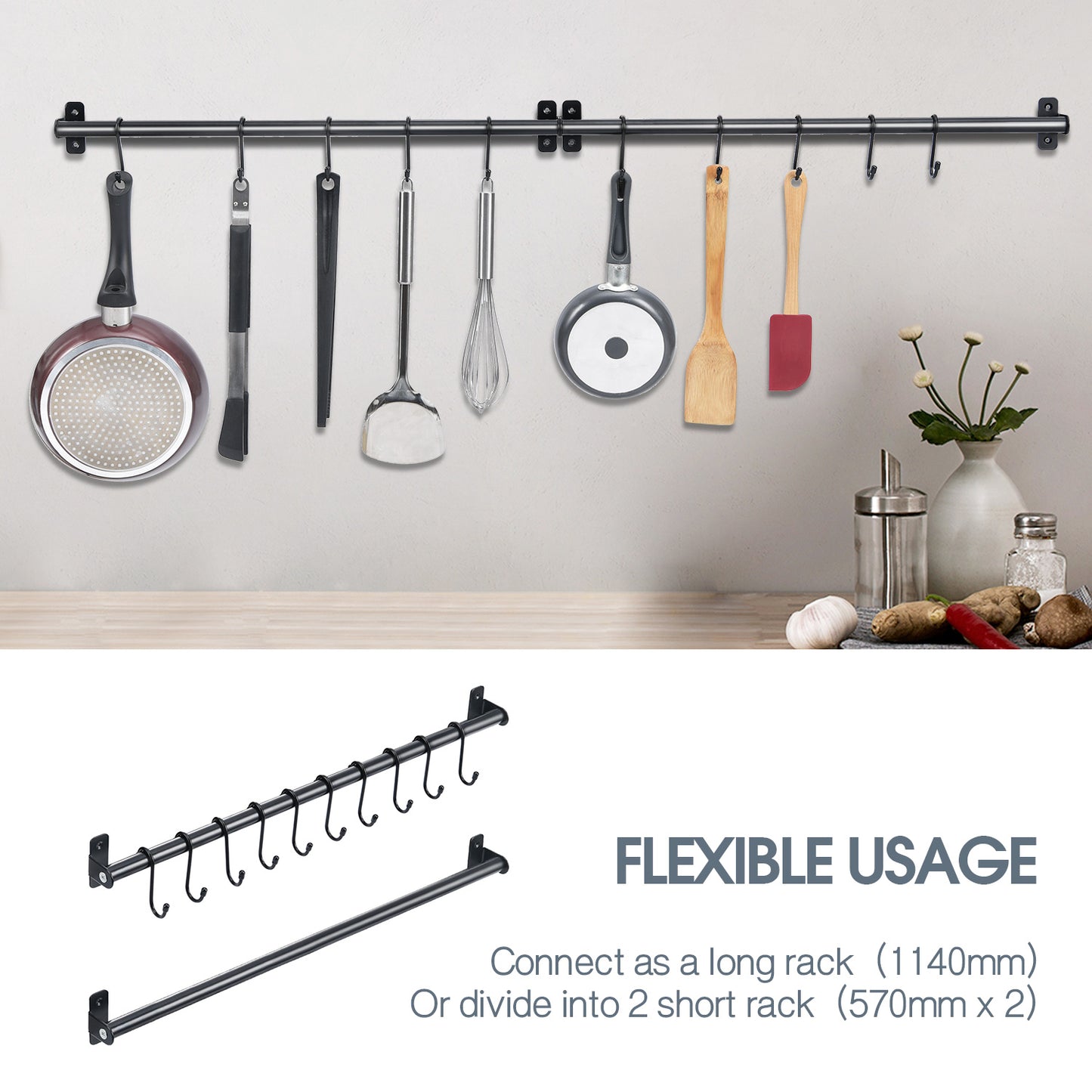Kitchen Utensil Rack Series, Wall Mounted Rail Rack for Hanging, DIY with Hanging Utensil Rack/ Hanging Dish Rack/ Hanging Spicy Rack
