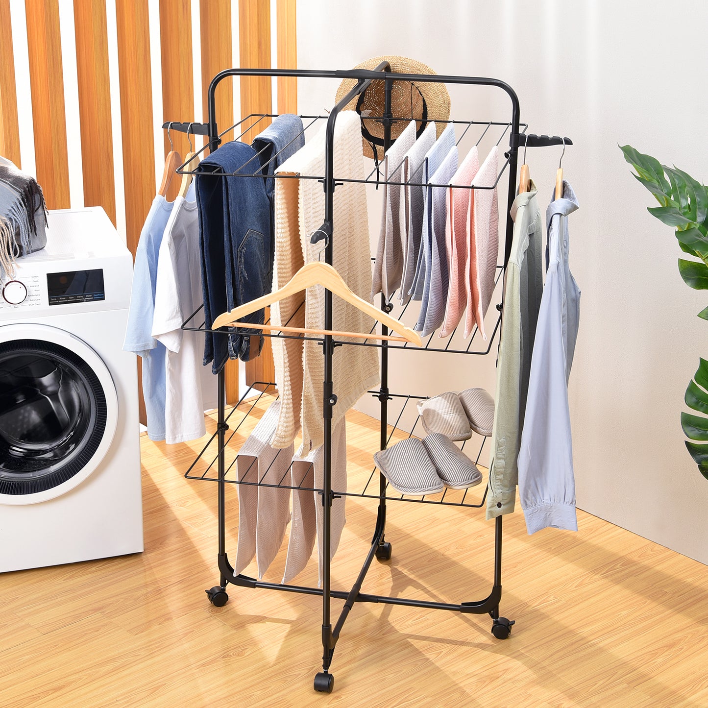 KINGRACK Clothes Drying Rack, 3-Tier Collapsible Laundry Rack Stand Garment Drying Station with Wheels and 4 Hooks, Indoor-Outdoor Use, for for Bed Linen, Clothing, Socks, Scarves, Black,116201H-B