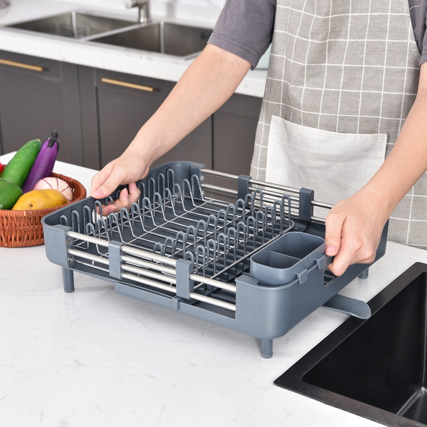 Kingrack Extendable Dish Rack, Dual Part Dish Drainers with Non-Scratch and Movable Cutlery Drainer and Drainage Spout, WK810172-6