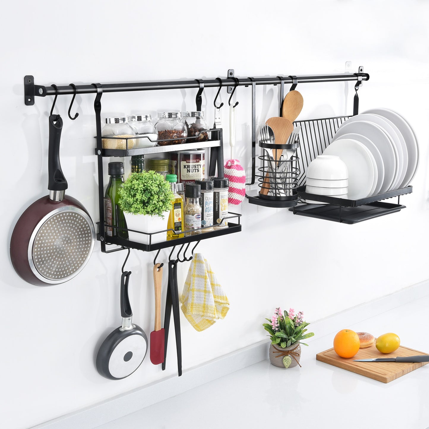 Utensil Rack Set of 5, with 2 Rail Rack, Folding Dish Rack, 2-Tier Spice Rack, Utensil Holder, 10 S-Hooks, Black