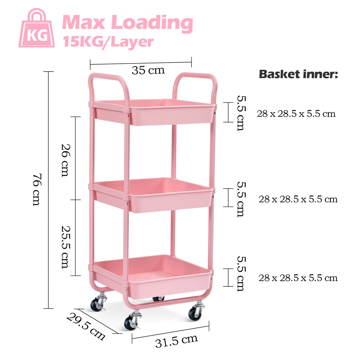 KINGRACK Kitchen Rolling Cart, 3-Tier Storage Utility Cart with Wheels, Plastic Organiser Cart Rolling Trolley Shelving Unit, Storage Rack, Fruit Vegetable Rack Pink,WK131143-P