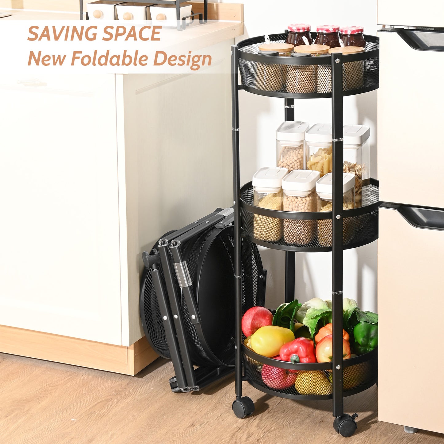 KINGRACK Foldable 3 Tier Rolling Cart, Installtion-Free Round Mesh Baskets Cart, Storage Rolling Trolley Rack Cart, Black,RY810195-1