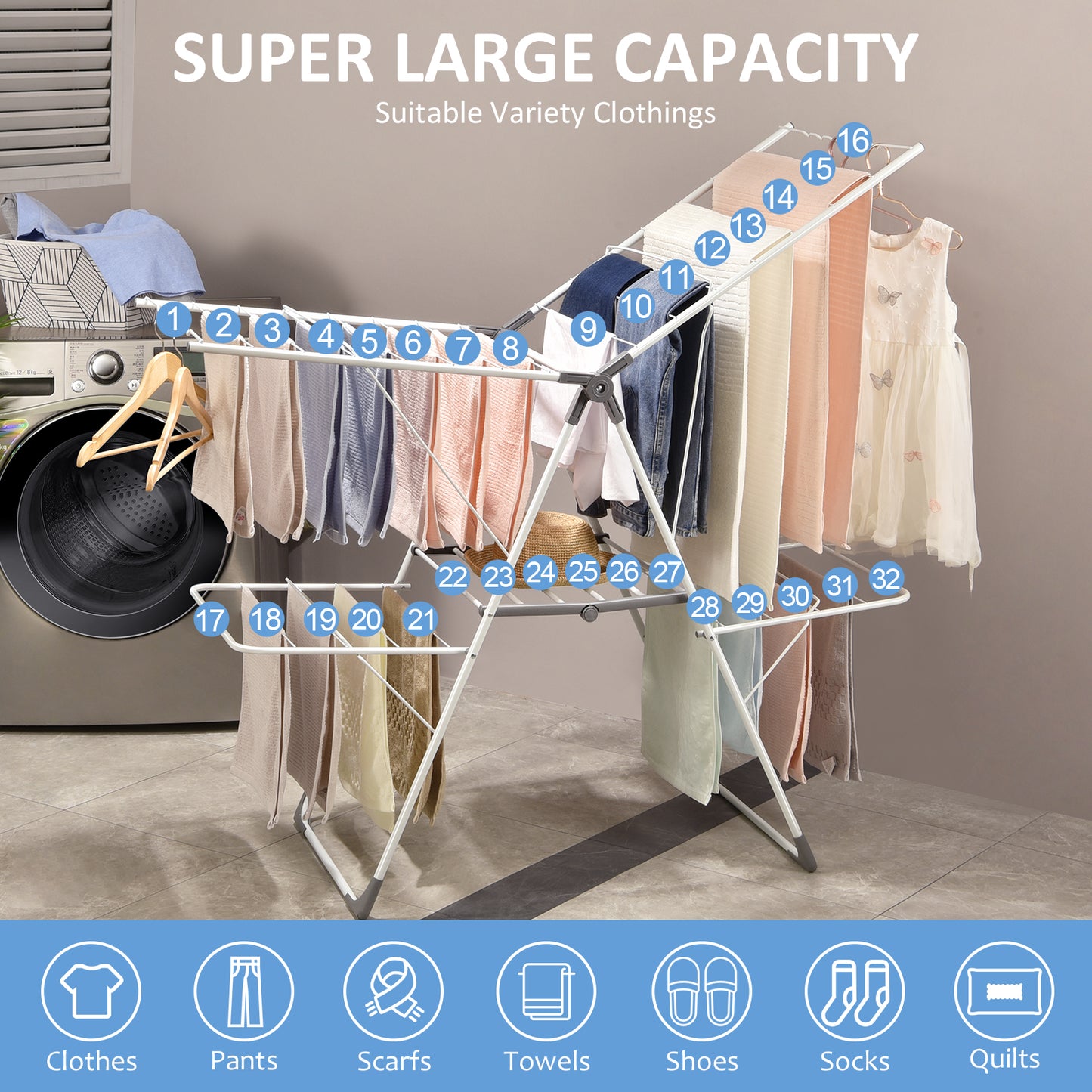 Kingrack Clothes Drying Rack, 2-Tier Folding Drying Rack for Indoor Outdoor Use, Foldable Large Drying Hanger Height-Adjustable Gullwing, 32 Drying Rails, Shoes Holds, Freestanding Laundry Rack,149801