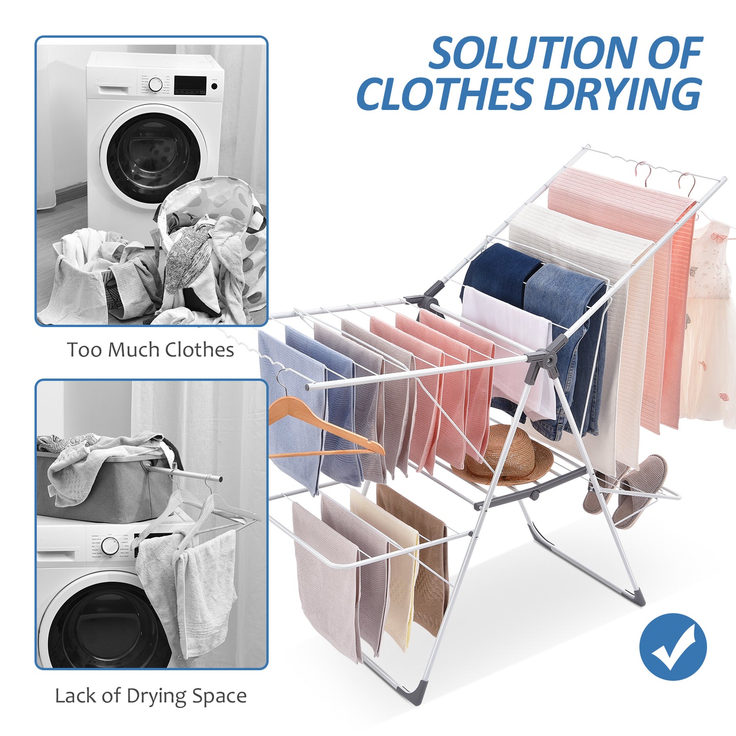 Kingrack Clothes Drying Rack, 2-Tier Folding Drying Rack for Indoor Outdoor Use, Foldable Large Drying Hanger Height-Adjustable Gullwing, 32 Drying Rails, Shoes Holds, Freestanding Laundry Rack,149801