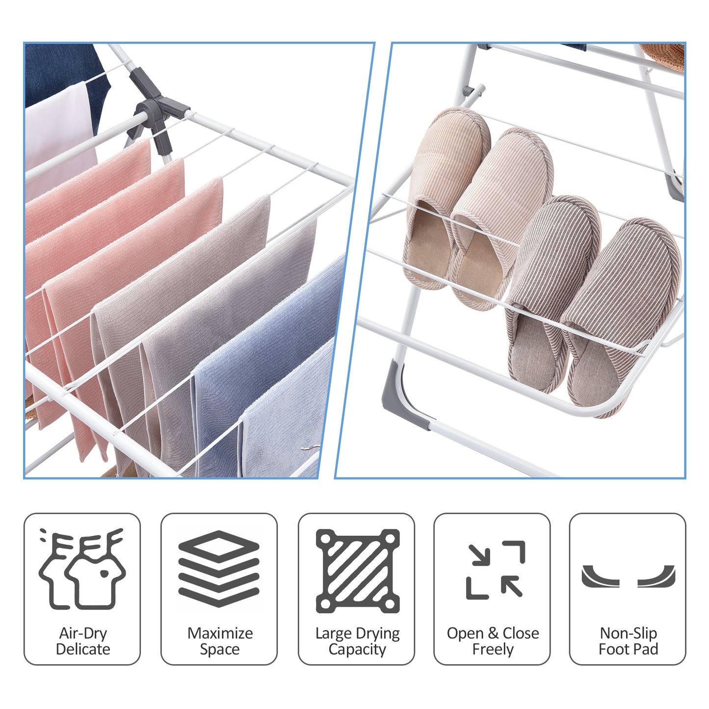 Kingrack Clothes Drying Rack, 2-Tier Folding Drying Rack for Indoor Outdoor Use, Foldable Large Drying Hanger Height-Adjustable Gullwing, 32 Drying Rails, Shoes Holds, Freestanding Laundry Rack,149801