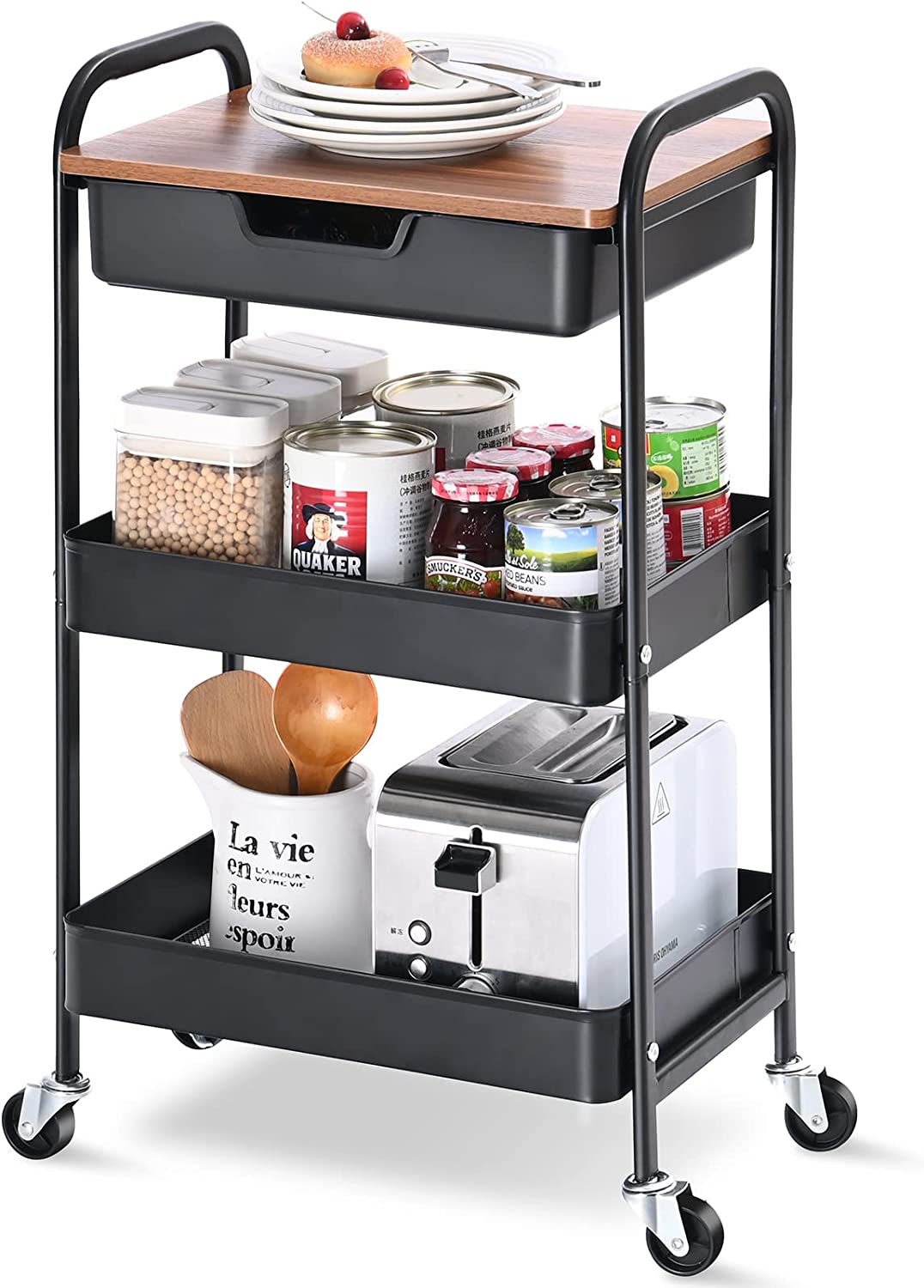 KINGRACK 3-Tier Utility Rolling Cart with Wooden Board and Drawer, Metal Storage Cart with Handle, White Trolley Kitchen Organizer Rolling Desk with Locking Wheels for Office, Classroom, Home, Bedroom, WK830549-Black