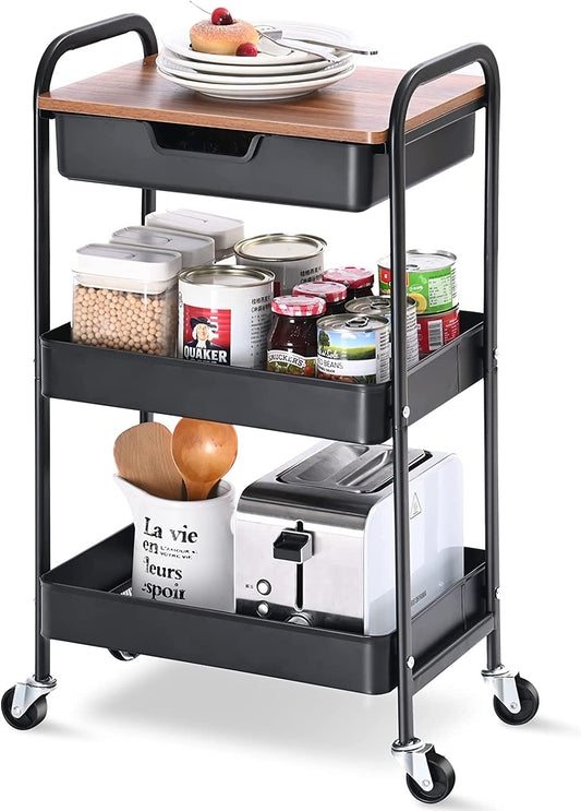 KINGRACK 3-Tier Utility Rolling Cart with Wooden Board and Drawer, Metal Storage Cart with Handle, White Trolley Kitchen Organizer Rolling Desk with Locking Wheels for Office, Classroom, Home, Bedroom, WK830549-Black