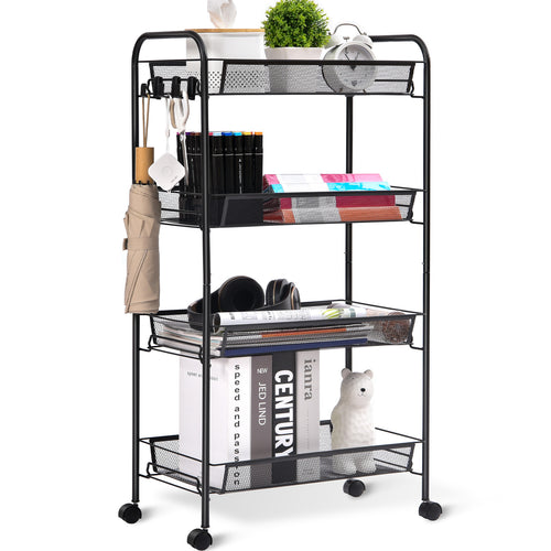 Kingrack 4-Tier Mesh Wire Rolling Cart, Metal Storage Cart with Wheels, Utility Cart for Office,Kitchen, Bedroom, Bathroom, Laundry Room,WK150038-BK