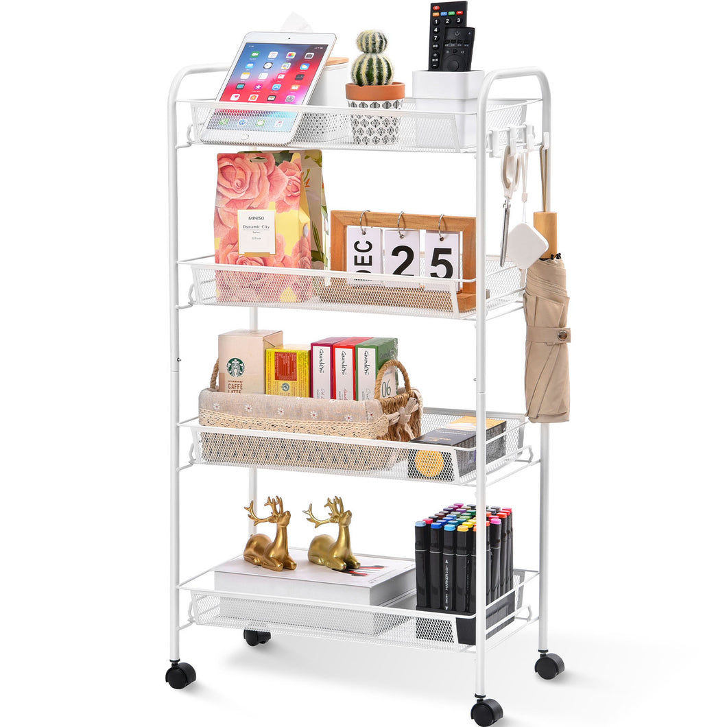 Kingrack 4-Tier Mesh Wire Rolling Cart, Metal Storage Cart with Wheels, Utility Cart for Office,Kitchen, Bedroom, Bathroom, Laundry Room,WK150038-W