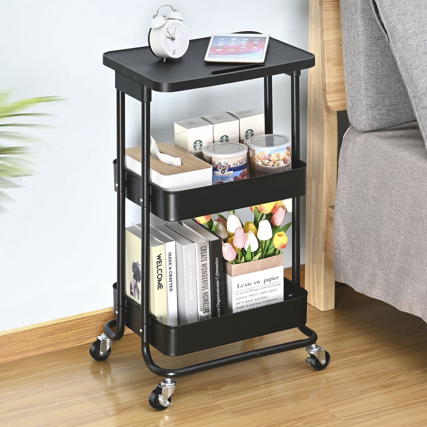 KINGRACK 3-Tier Metal Rolling Storage Cart with Practical Tabletop, 3-Tier Metal Serving Rolling Cart with Contral Handle,Trolley Organizer with Locking Wheels for Library Office Classroom Home Dedroom,RY810173-B