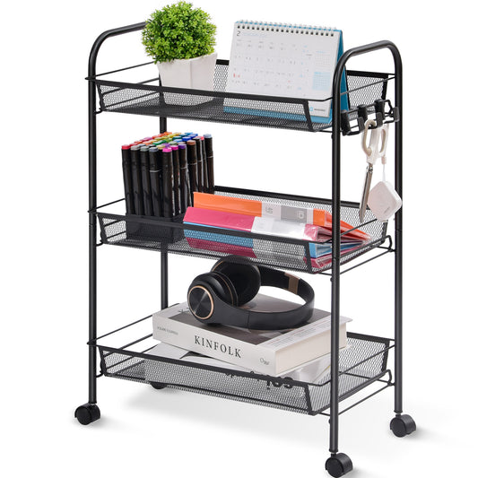 KK KINGRACK 3 Tier Rolling Cart Organizer, Mesh Cart with Wheels, Utility Cart for Office, School,Storage, Black, WK150043-BK