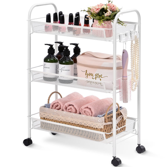 Kingrack 3-Tier Rolling Cart Organizer, Metal Storage Cart with Wheels, Utility Cart for Office,Kitchen, Bedroom, Bathroom, Laundry Room,WK150043-W