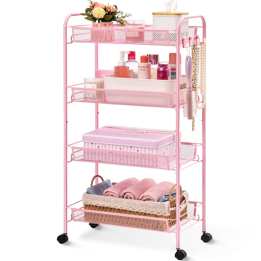 Kingrack 4-Tier Mesh Wire Rolling Cart, Metal Storage Cart with Wheels, Utility Cart for Office,Kitchen, Bedroom, Bathroom, Laundry Room,WK150038-PK