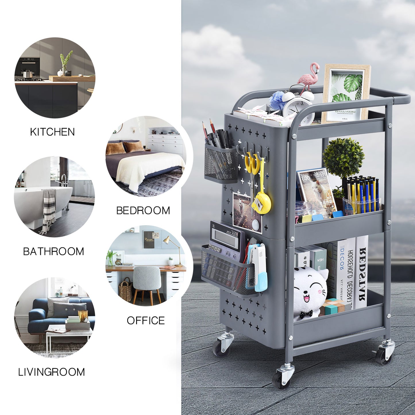 3-Tier Metal Utility Cart with Removable Pegboard, Extra Baskets Hooks-WK130902 (WHITE/GREY, 2-COLORS AVAILABLE)