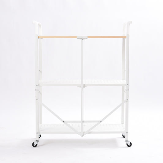 KINGRACK 3-Tier Storage Shelves with Wheels Foldable Shelving Unit Heavy Duty Garage Metal Storage Rack Kitchen Shelf for Storage(White),WK280014-1