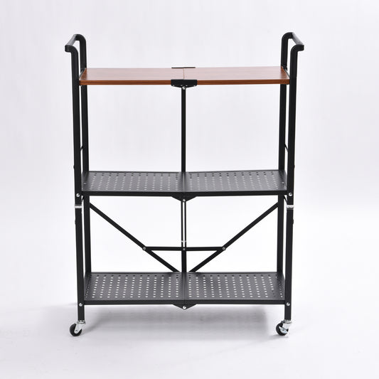 KINGRACK 3-Tier Storage Shelves with Wheels Foldable Shelving Unit Heavy Duty Garage Metal Storage Rack Kitchen Shelf for Storage(Black),WK280014