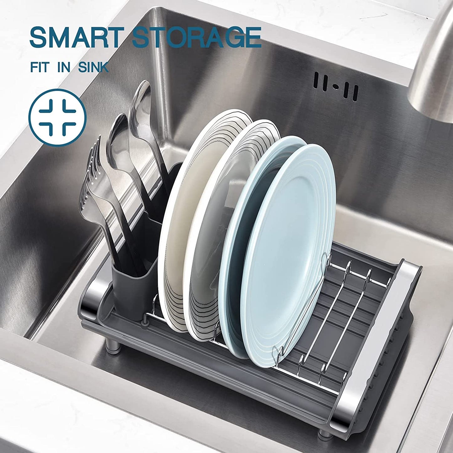 KINGRACK Expandable Dish Rack, Compact Dish Drainer, Stainless Steel Dish Drying Rack with Removable Cutlery Holder, Anti Rust Plate Rack, Small Sink Drainer for Sink or Kitchen Countertop