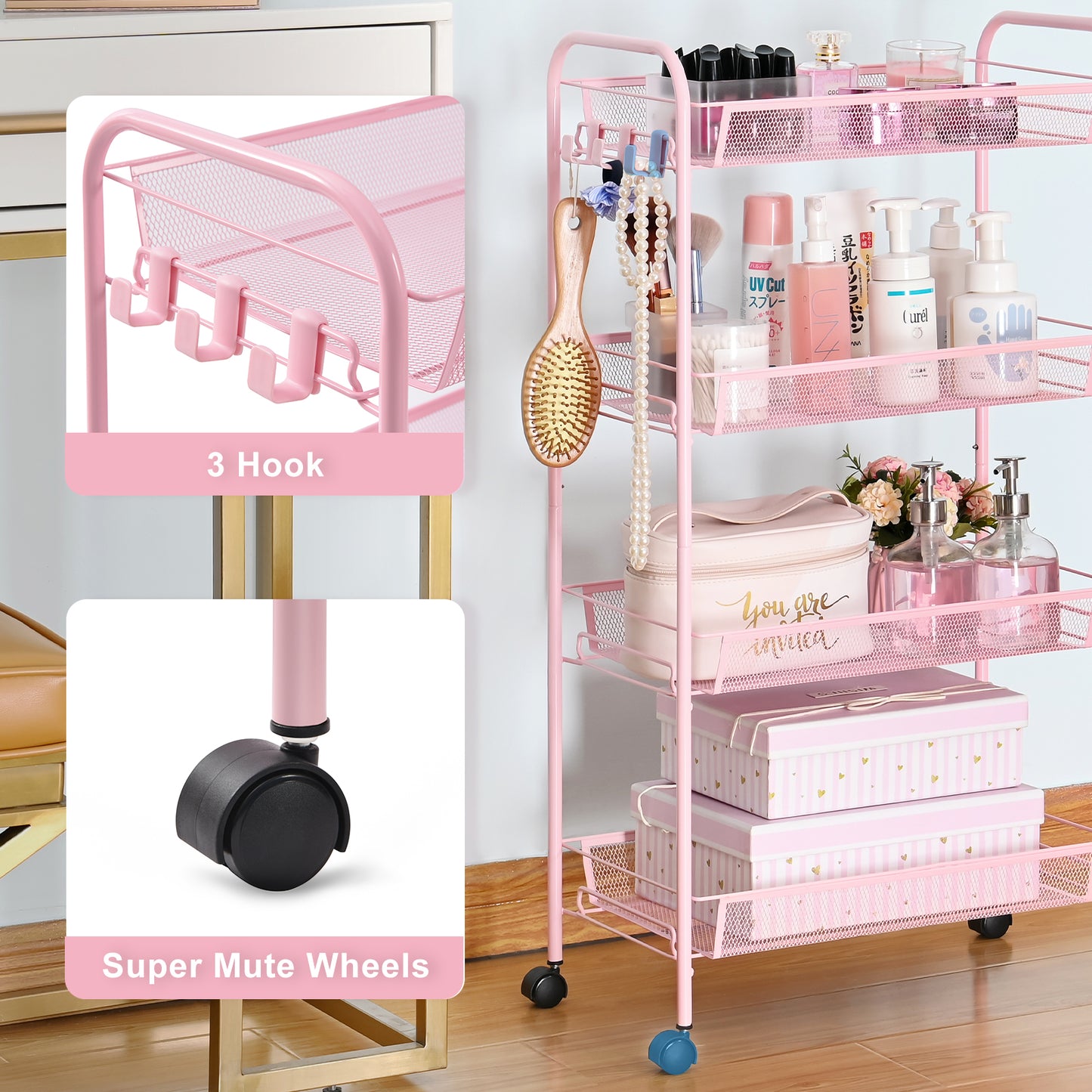 Kingrack 4-Tier Mesh Wire Rolling Cart, Metal Storage Cart with Wheels, Utility Cart for Office,Kitchen, Bedroom, Bathroom, Laundry Room,WK150038-PK