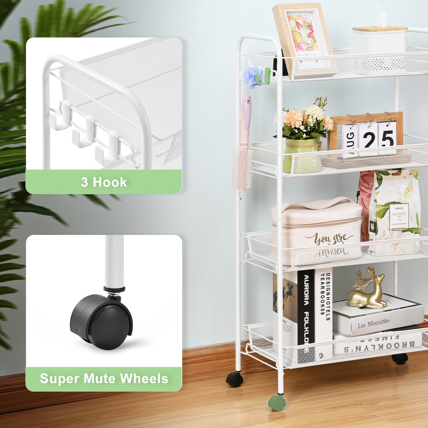 Kingrack 4-Tier Mesh Wire Rolling Cart, Metal Storage Cart with Wheels, Utility Cart for Office,Kitchen, Bedroom, Bathroom, Laundry Room,WK150038-W
