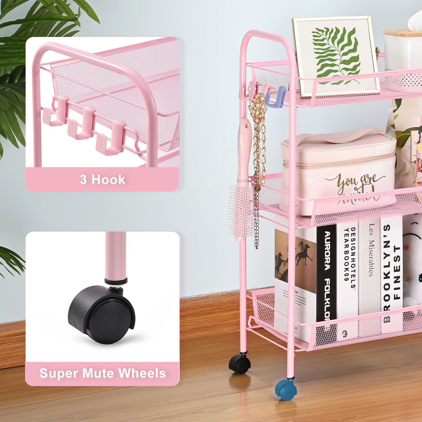Kingrack 3-Tier Rolling Cart Organizer, Metal Storage Cart with Wheels, Utility Cart for Office,Kitchen, Bedroom, Bathroom, Laundry Room,WK150043-PK