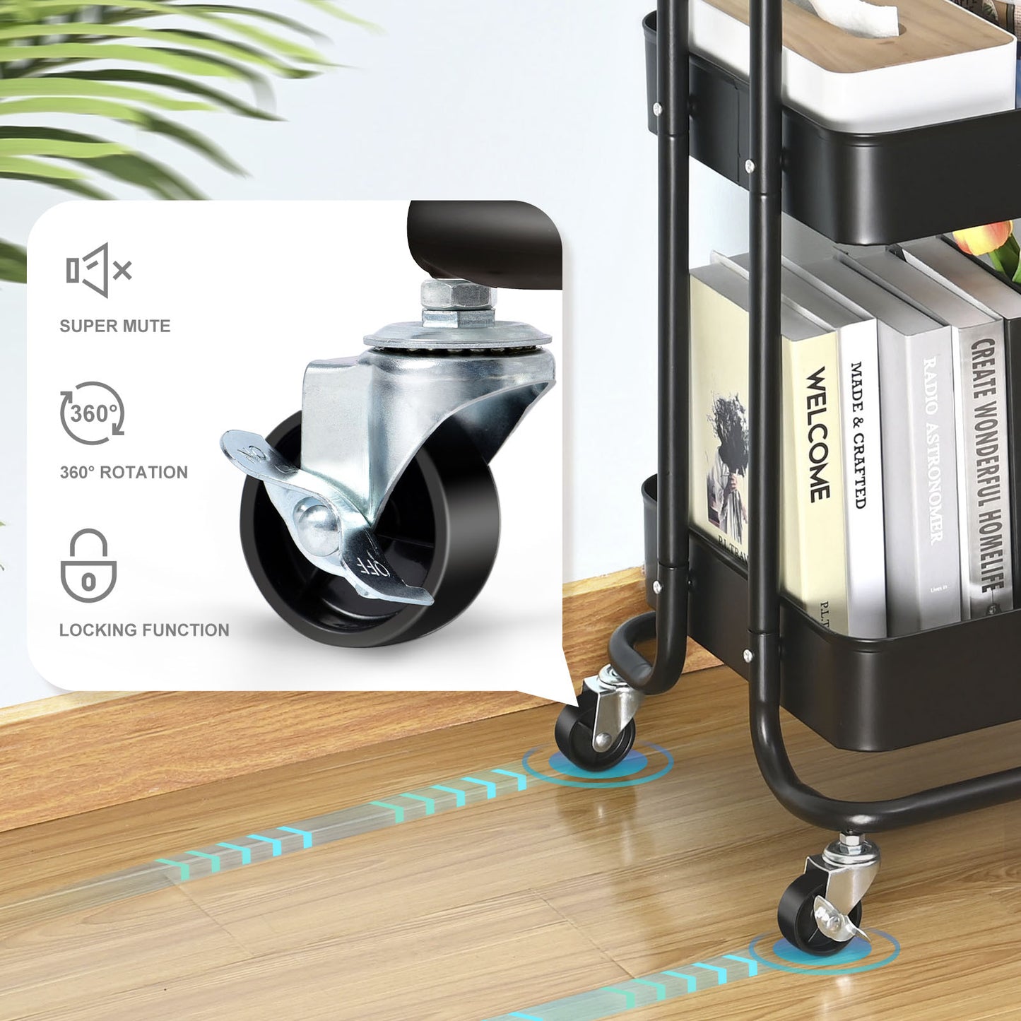 KINGRACK 3-Tier Metal Rolling Storage Cart with Practical Tabletop, 3-Tier Metal Serving Rolling Cart with Contral Handle,Trolley Organizer with Locking Wheels for Library Office Classroom Home Dedroom,RY810173-B